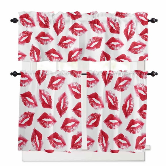 Red Lipprint Texture Kitchen Curtains Valances and Tiers Set of 3, 24 Inch Length Tier Curtains and Valance Rod Pocket Valance Curtains Set for Kitchen Bathroom Small Windows
