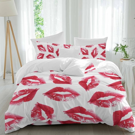 Red Lipprint Texture Queen Size Comforter Set, Retro Abstract Kiss Bedding for All Seasons, 4 Pcs Bed Set, 1Quiltcover (90"x92") ,1Sheet(94"x116"), 2Pillowcases (30"x20")