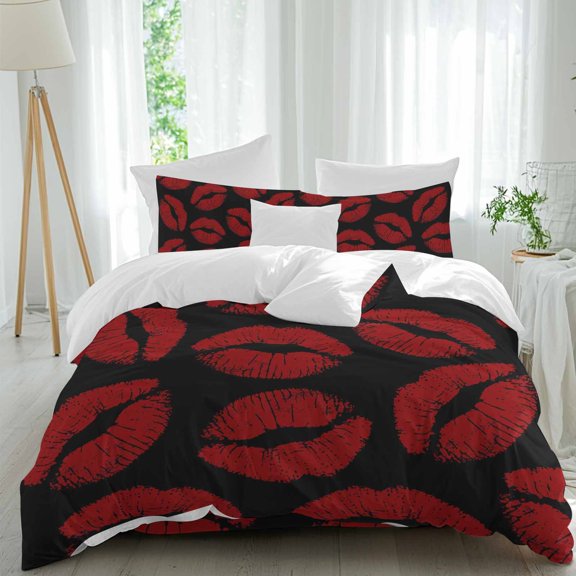 Red Lipprint Texture Twin Size Comforter Set, Black Abstract Backdrop Bedding for All Seasons, 4 Pcs Bed Set, 1 Quiltcover (68"x86") ,1Sheet(67"x116"), 2Pillowcases (30"x20")