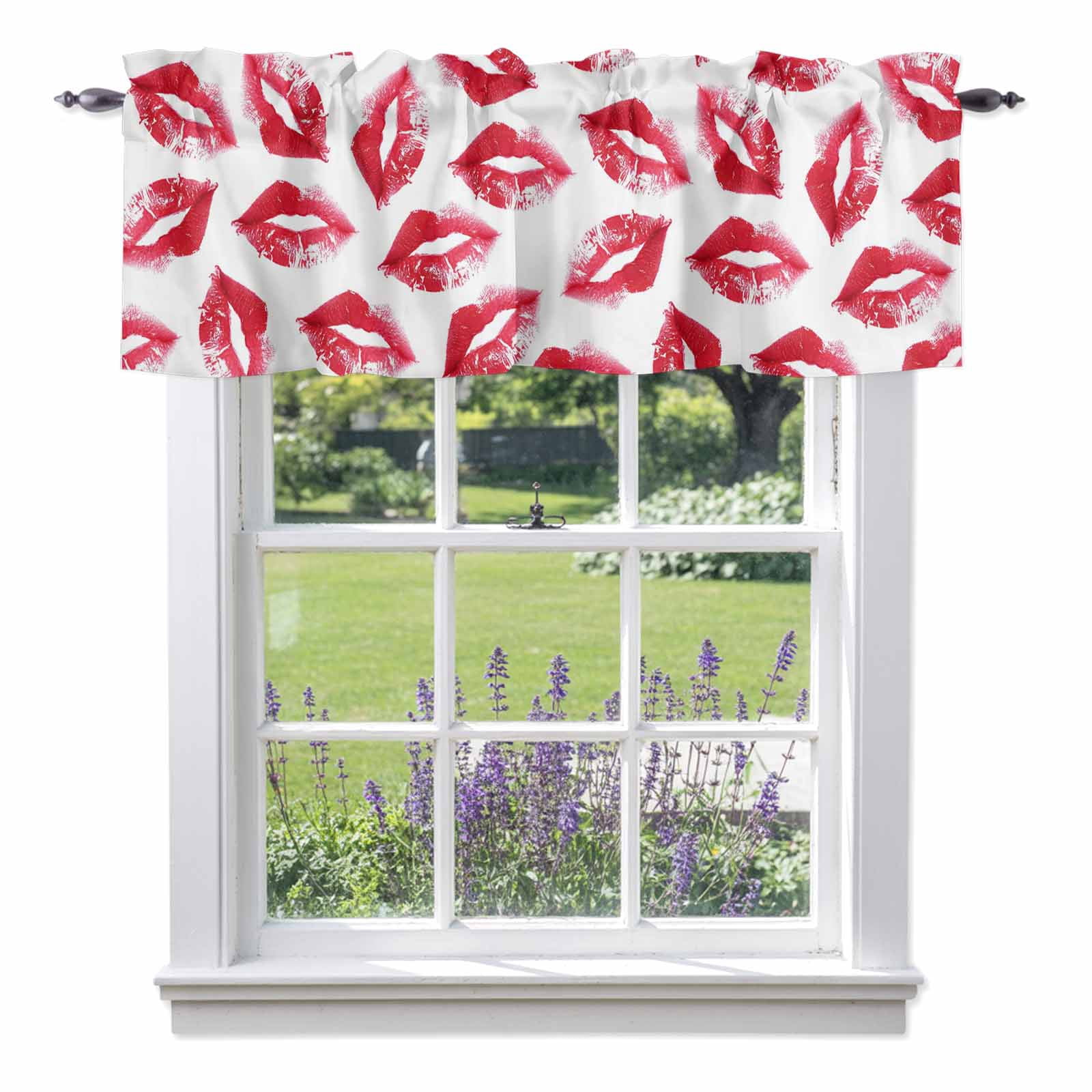 Red Lipprint Texture Valances for Windows, Retro Abstract Kiss Valance