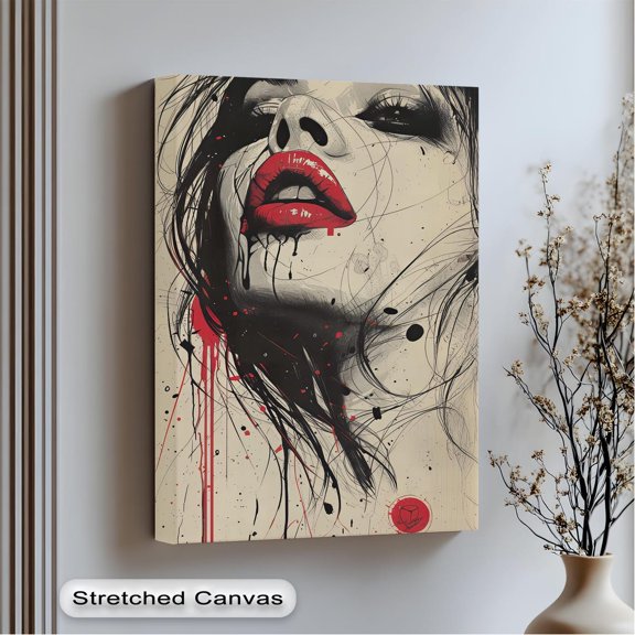 Red Lips Abstract Woman Portrait Modern Art Wall Art, Unframed Paper Print