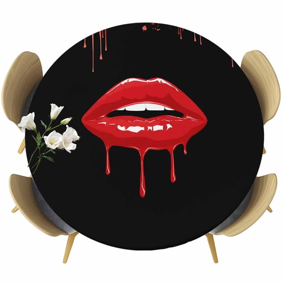 Red Lips Bloody Mouth on Black Fitted Round Tablecloths Table Covers 36"-44",Waterproof Table Cloth for Kitchen Holiday Party Tables Decor
