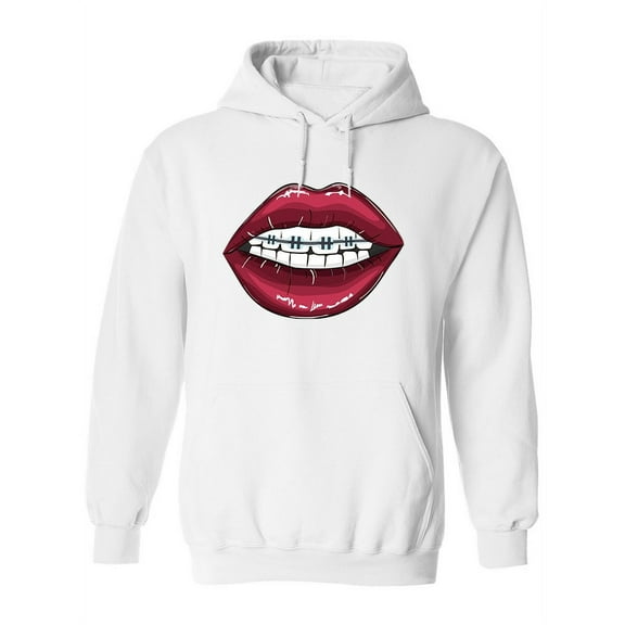 Red Lips Braces Hoodie Women -Image by Shutterstock, Female x-Large
