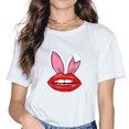 thumbnail image 1 of Red Lips Bunny Ears Easter Day Funny Girls T-Shirt Fashion Women Happy Easter Short Sleeves Tee, 1 of 5
