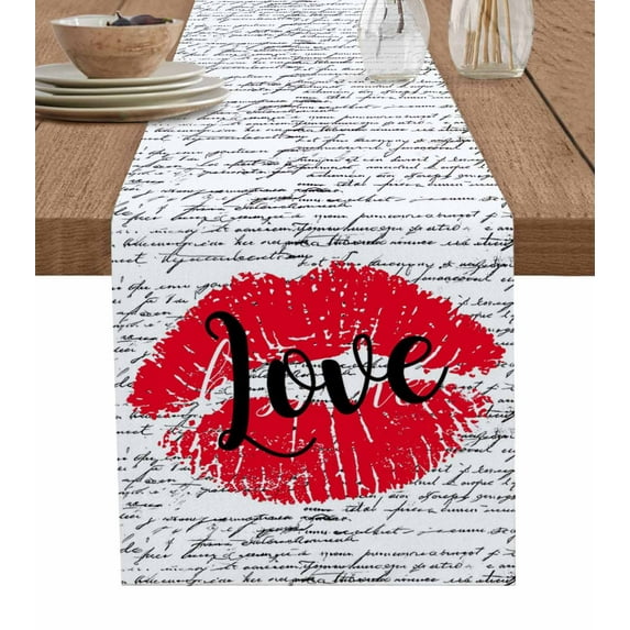 Red Lips Burlap Cotton Table Runner 13x60 Inches Long, Modern Romantic Abstract Retro Aesthetic Art Farmhouse Table Runners, Outdoor Dining Tablecloths Decor for Baby Shower/Party/Wedding