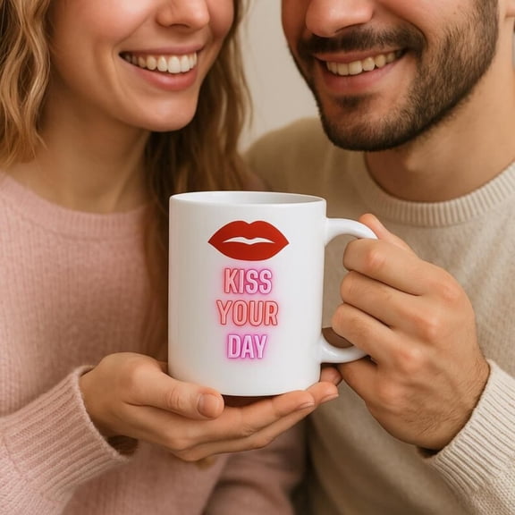 Red Lips Coffee Mug Kiss Your Day, Motivational Gift.