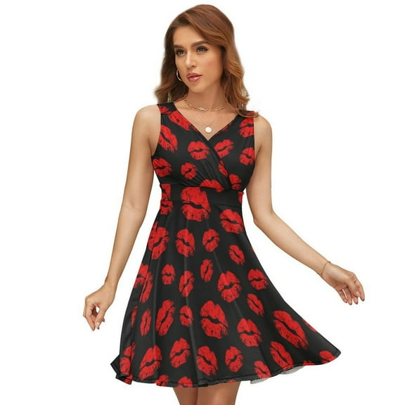 Red Lips Dress Fashion Beach Long Dresses Female Party Printed Sundress