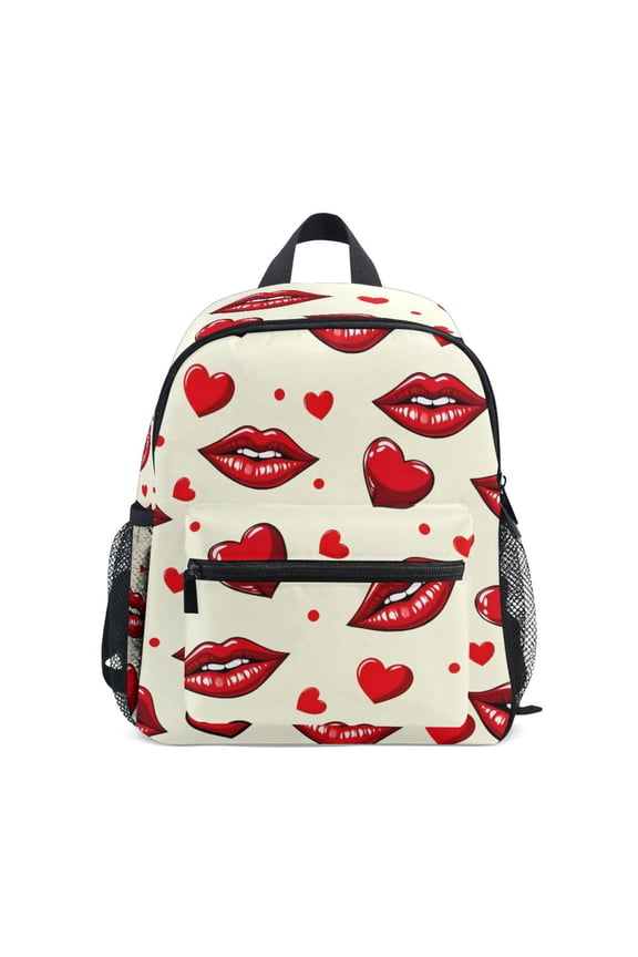 Red Lips Heart Shaped Pattern Mini Backpack Cute Small Backpack with Chest Strap and Whistle Ages 3-8