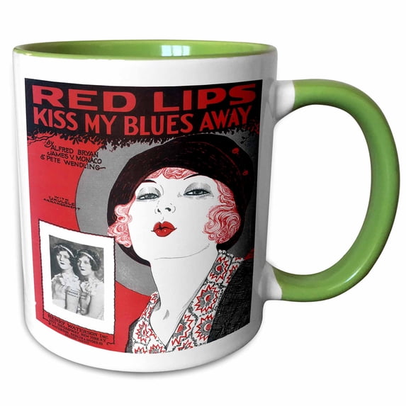 3drose, Red Lips Kiss My Blues Away Red and Black Song Sheet Reproduction, 11oz Two-tone Green Mug