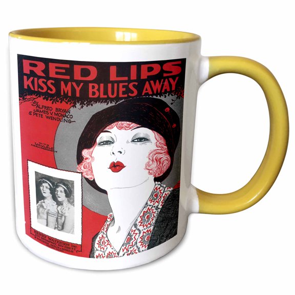 3drose, Red Lips Kiss My Blues Away Red and Black Song Sheet Reproduction, 11oz Two-tone Yellow Mug