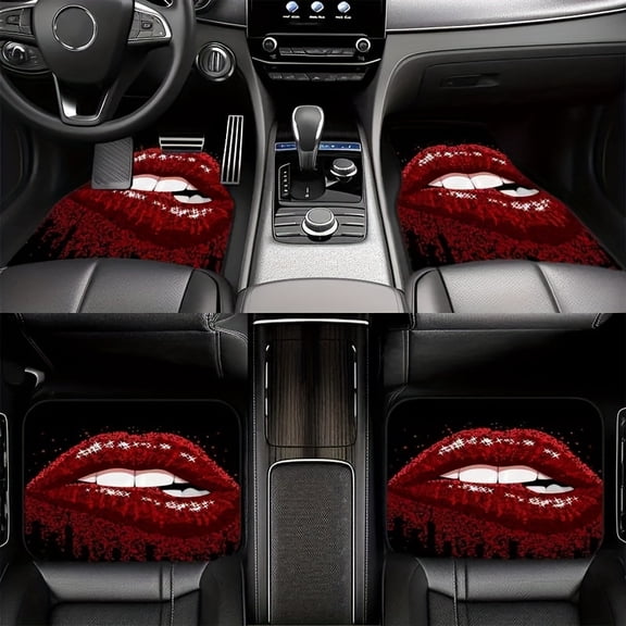 Red Lips Kiss Pattern Car Floor Mats Set, 4pcs Crystal Velvet Universal Front and Rear Interior Liners for Sedans, Vans and SUVs