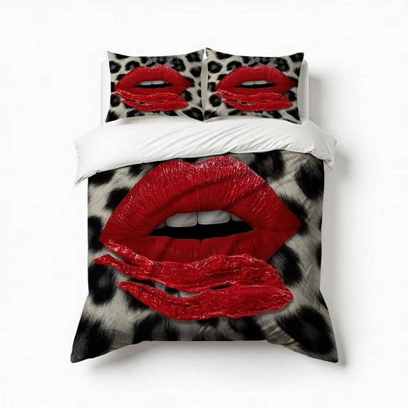Red Lips Leopard Print Fashion Wild Glamorous Bedding Set 3 Pcs Soft Microfiber Quilt Cover For Bedroom Decor, Comforter Cover With 2 Pillowcase