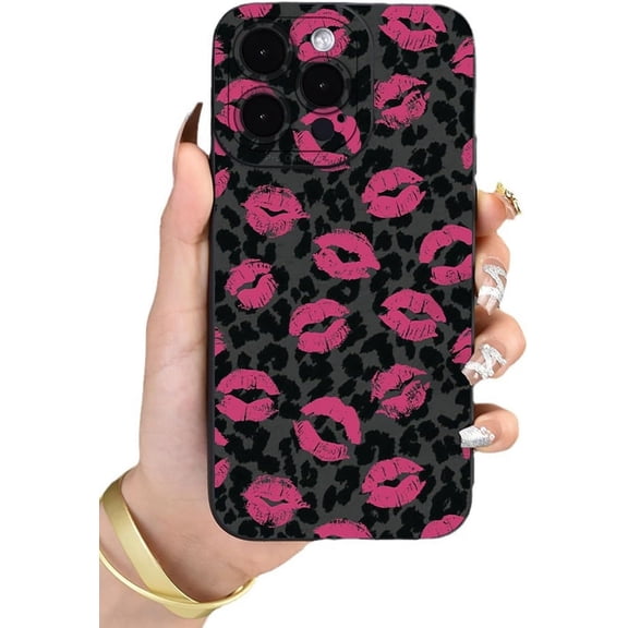 Red Lips Leopard Print Soft for iPhone Case (Black,iPhone 14 Pro Max)
