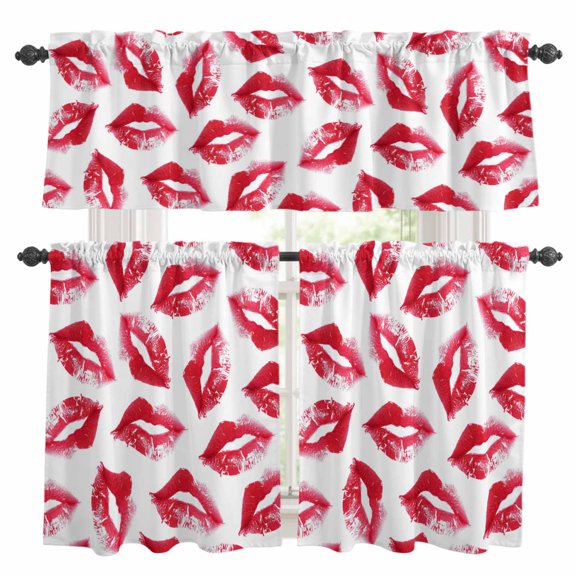 Red Lips Love Kitchen Curtains Sets for Windows 24 Inch Length, Vintage Valentine's Day Rod Pocket Window Treatments Tier Curtains and Valances Set for Bedroom/Bathroom