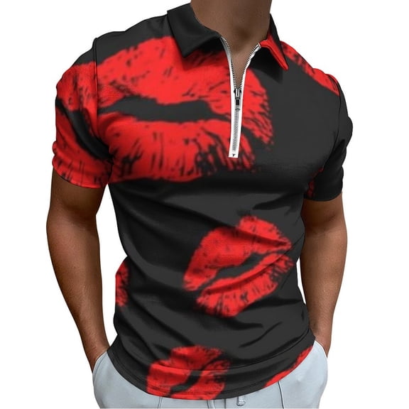 Red Lips Men Zipper T-shirt Summer Casual Short Sleeve T-shirt Top