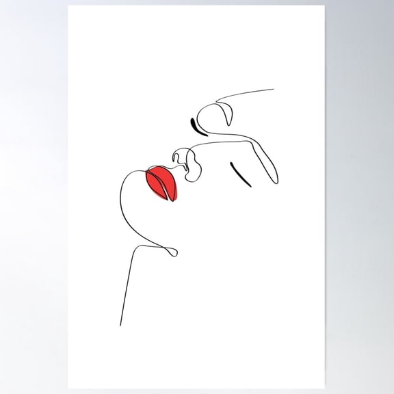 Red Lips One Line Face Drawing Poster Wall Art, Modern Wall Decor For Living Room Bedroom, 16x24 UNFRAMED