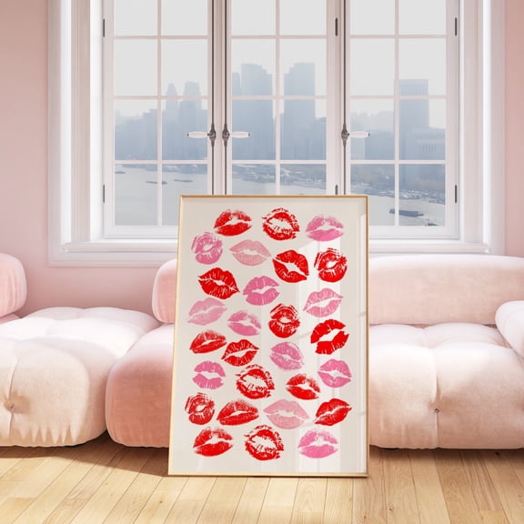 Red Lips Pink Funky Makeup Wall Art Print, Fashion Inspired Bedroom And Studio Decor