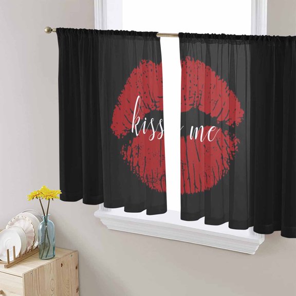 Red Lips Sheer Curtains 54 Inches Length 2 Panels Set, Window Sheer Curtains for Living Room/Bedroom, Black Modern Abstract Retro Aesthetic Art Light Filtering Rod Pocket Curtain 52'' x 54'' x 2