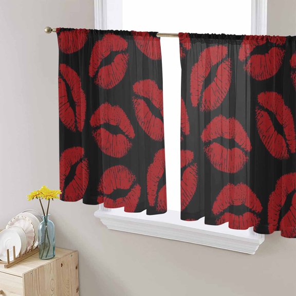 Red Lips Sheer Curtains 54 Inches Length 2 Panels Set, Window Sheer Curtains for Living Room/Bedroom, Modern Abstract Romantic Texture Aesthetic Light Filtering Rod Pocket Curtain 52'' x 54'' x 2