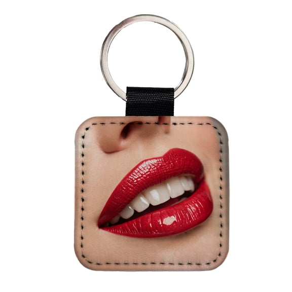 Red Lips Smile Faux Leather Square Keychain