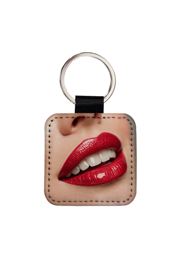 Red Lips Smile Faux Leather Square Keychain