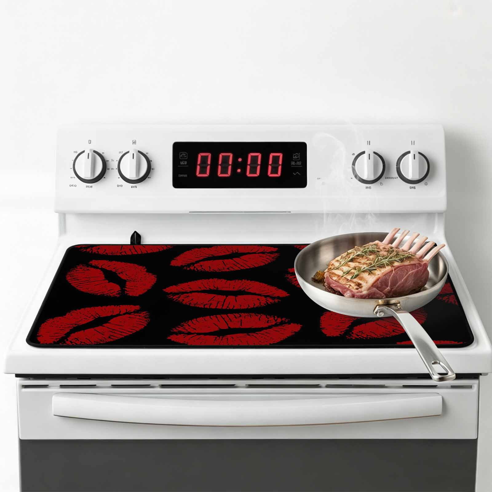 Red Lips Stove Top Cover for Electric Stove, Heat-proof & Non Slip Glass Top Stove Cover Protector, Modern Abstract Romantic Texture Aesthetic Kitchen Flat Cooktop Rubber Mat 24x21 Inches