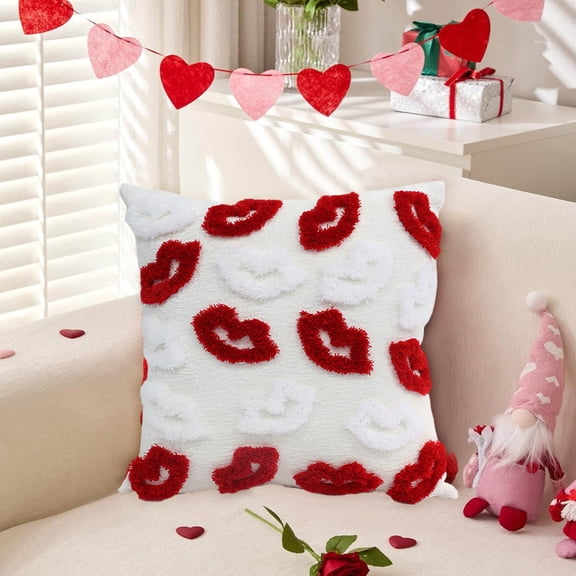 Red Lips Throw Pillow, White Fluffy Textured, Decorative Cushion, Valentine'S Romance Theme For Couch Sofa Home Decor Gift (18X18 Inch)