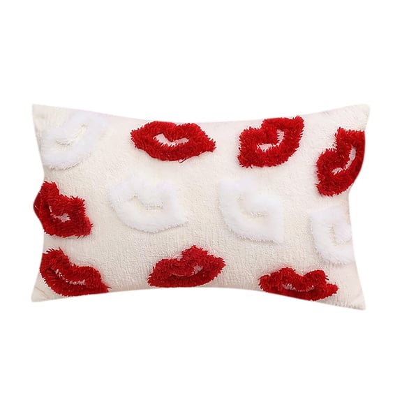 Red Lips Throw Pillow, White Fluffy Textured, Decorative Cushion, Valentine's Romance Theme for Couch Sofa Home Decor Gift (12X20 Inch)