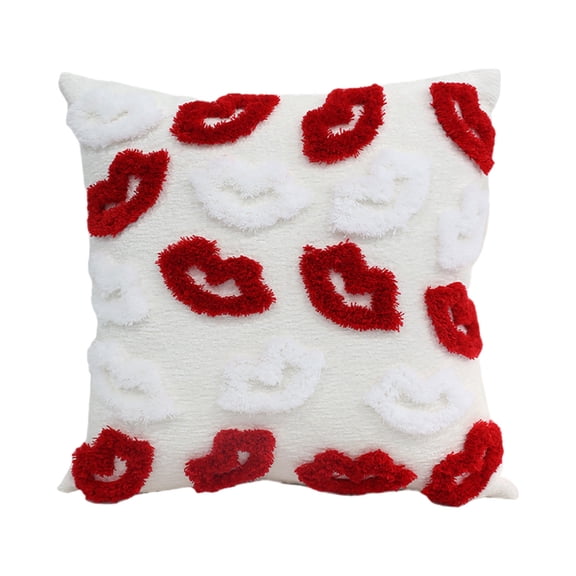 Red Lips Throw Pillow, White Fluffy Textured, Decorative Cushion, Valentine's Romance Theme for Couch Sofa Home Decor Gift (45x45cm)