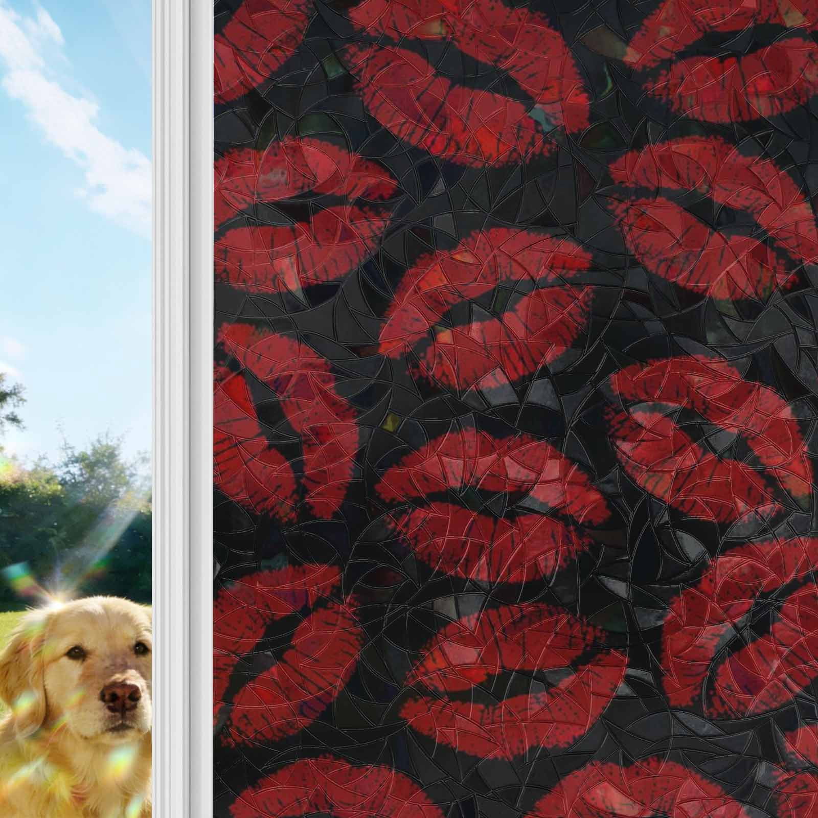 Red Lips Window Privacy Film Stain Glass,Reusable Decorative Rainbow Window Film,Modern Abstract Romantic Texture Aesthetic Static Cling Sun Blocking Stickers Decals Covers 23.6" x 59" (2pcs)