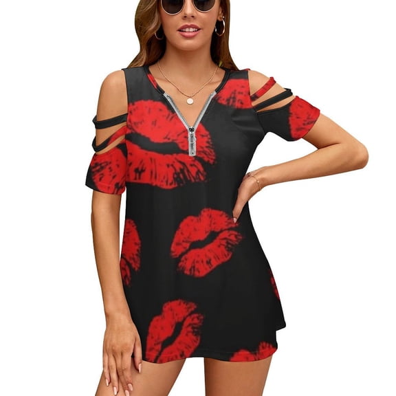 Red Lips Womens Summer V Neck Zipper Top Short Sleeve T Shirt Off Shoulder Top Casual Classy Loose Shirts