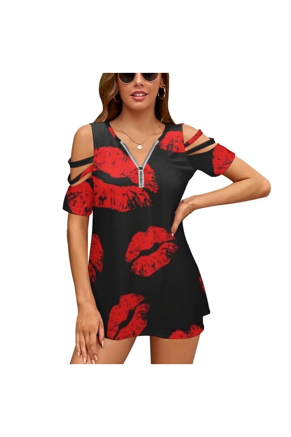 Red Lips Womens Summer V Neck Zipper Top Short Sleeve T Shirt Off Shoulder Top Casual Classy Loose Shirts