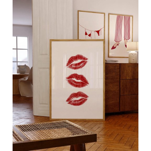Red Lipstick Kiss Print Glam Pop Art Makeup Room Wall Decoration, Unframed Paper Poster 8x10in