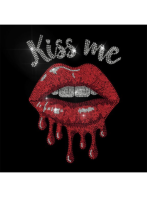 Red Lipstick Print Rhinestone Iron-On Applique Patch Hot Fix Bling Transfer for DIY Clothing Repair on T-Shirts Jackets Bags Jeans Crafts