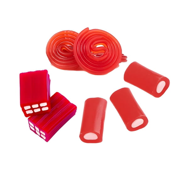 Red Liquorice Mix - Strawberry Flavoured Wheels - Fondant Filled Bricks and Pencils - Fruit Flavour Liquorice Sweets - 1kg Bag - Pick and Mix