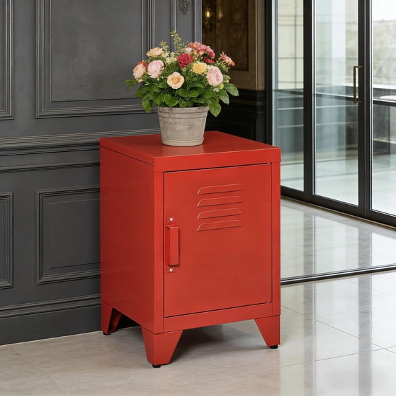 Red Living Room Side Table with Locker-Style Door and Adjustable Shelf