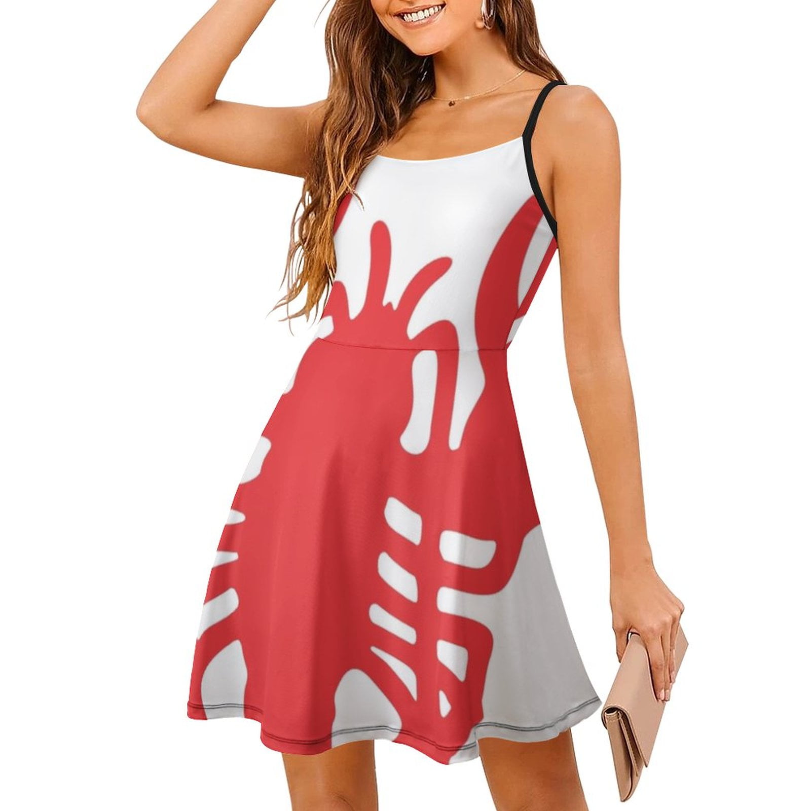 Red Lobster Flare Dress Square Neck Dress Elegant Female Fashion