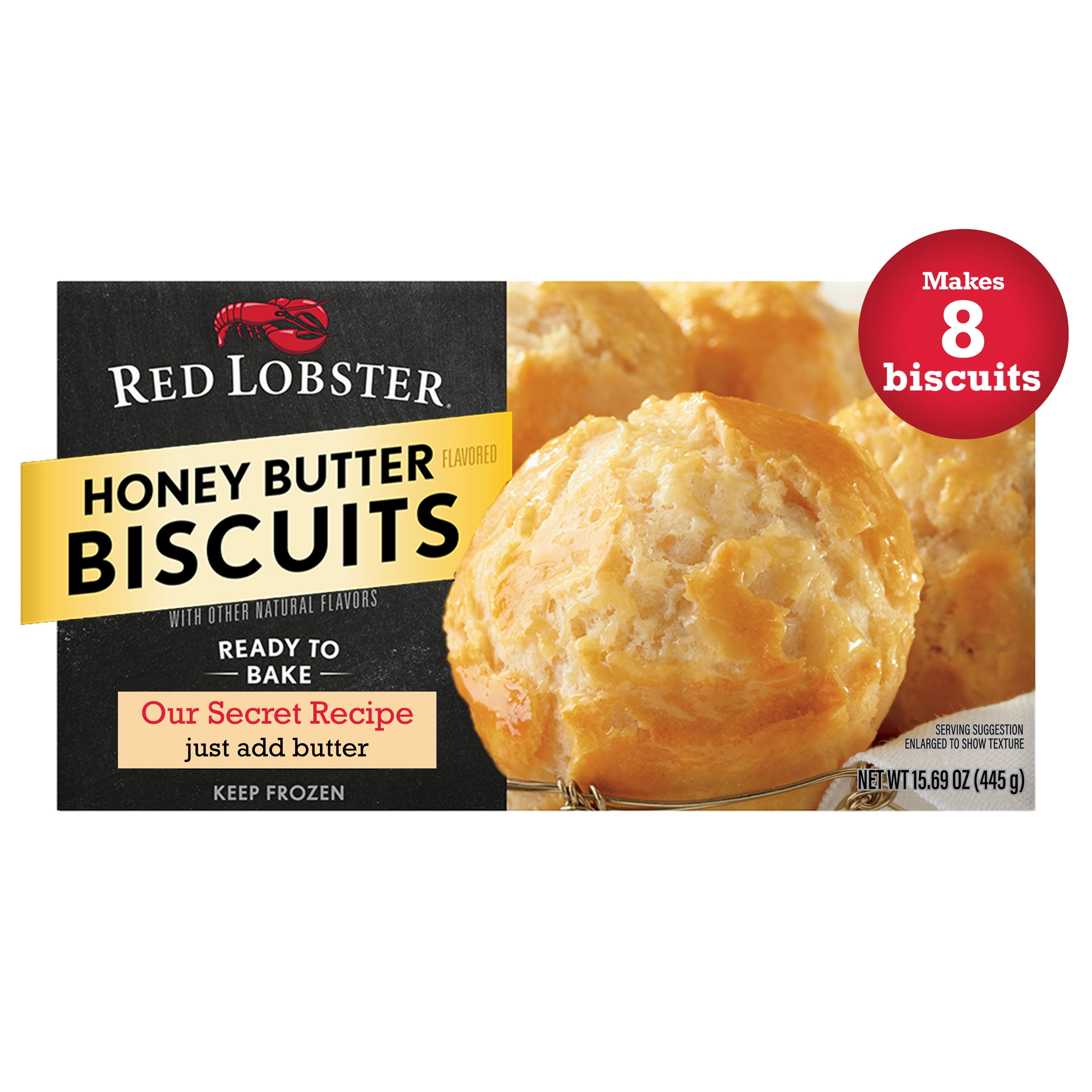 Red Lobster Frozen Honey Butter Biscuits, Ready to Bake Honey Butter Frozen Biscuits, 8 Count, 15.69 Oz Box