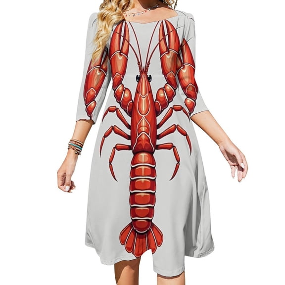 Red Lobster Illustration Women's 3/4 Sleeve Dresses Elegant A-Line Midi Dress Flare Summer Casual Sundress