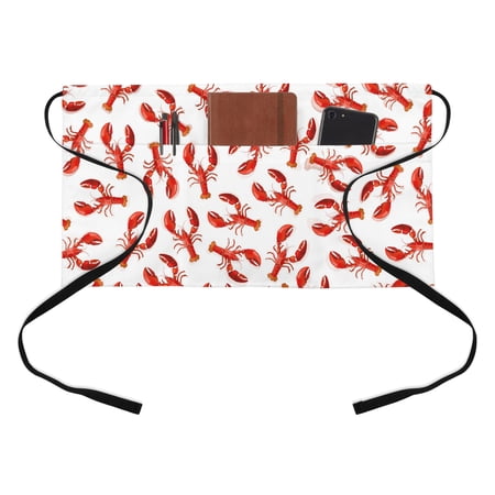 Red Lobster Kitchen Restaurant Half Waist Apron, Summer Abstract Art Simple Style Modern Server Short Apron with 3 Pockets Waterproof Oil Waist Aprons for Women Waitress Waiter