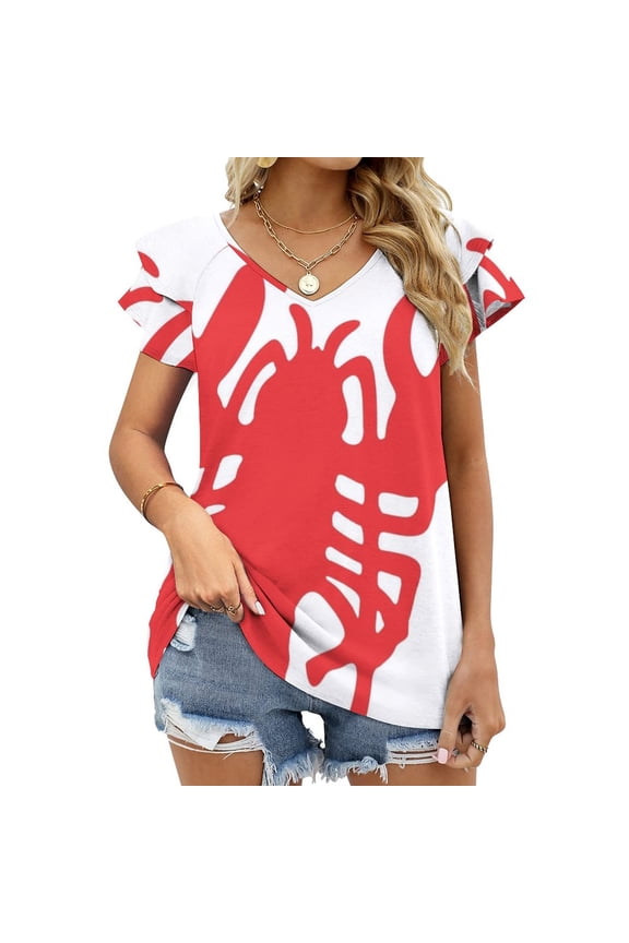 Red Lobster Lotus Leaf Neck T-Shirt Long Sleeve Printed Fall T Shirts Women Spring Tee Tops Red White Color Lobster Fish