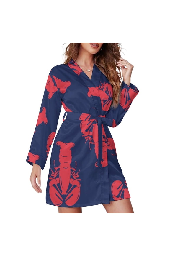 Red Lobster Night Robe Long Sleeve V Neck Robe With Belt Women's Sleepwear Dresses