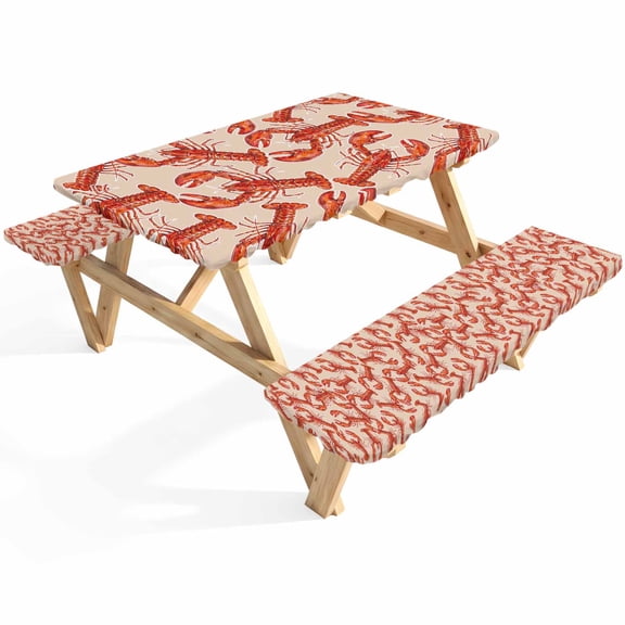 Red Lobster Picnic Table Cover with Bench Covers Summer Crawfish Ocean Animal Minimalist Art Retro Waterproof Fitted Picnic Tablecloth 3 Pieces Set Table Cloth for Outdoor Camping Garden BBQ