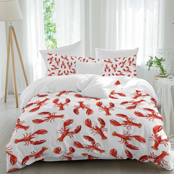 Red Lobster Queen Size Comforter Set, Summer Abstract Art Simple Style Modern Bedding for All Seasons, 4 Pcs Bed Set, 1Quiltcover (90"x92") ,1Sheet(94"x116"), 2Pillowcases (30"x20")