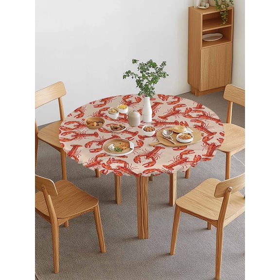 Red Lobster Round Fitted Tablecloth with Elastic Edge, Summer Crawfish Ocean Animal Minimalist Art Retro Waterproof Stretch Table Covers for 36"-44" Tables Wipeable Table Cloth for Outdoor