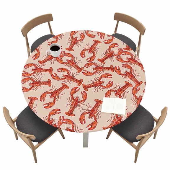 Red Lobster Round Fitted Tablecloth Summer Crawfish Ocean Animal Minimalist Art Retro Waterproof Elastic Stretch Table Cover for 55"-60" Round Table, Oil Proof Tablecloth for Picnic Party Dinner