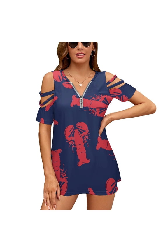 Red Lobster Womens Summer V Neck Zipper Top Short Sleeve T Shirt Off Shoulder Top Casual Classy Loose Shirts
