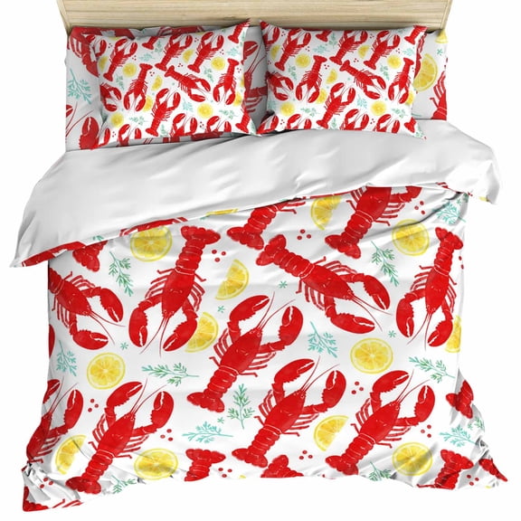 Red Lobsters Coastal Set of 4 Bedding Quilt Covers, Lemon Summer Leaves Nautical 4-Piece Bed Sheet Set with Extra Soft Bed Sheets Quilt Cover Pillowcase, Twin