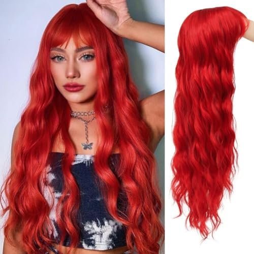Red Long Curly Wavy Wigs for Women with Bangs Synthetic Hair Wig Halloween Party Wigs
