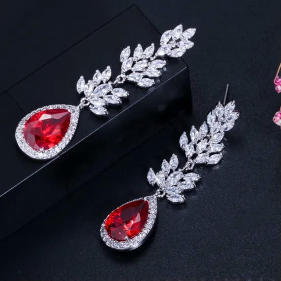 Red Long Dangle Drop Earring White Gold Cubic Zircon Women Fashion Brand Jewelry